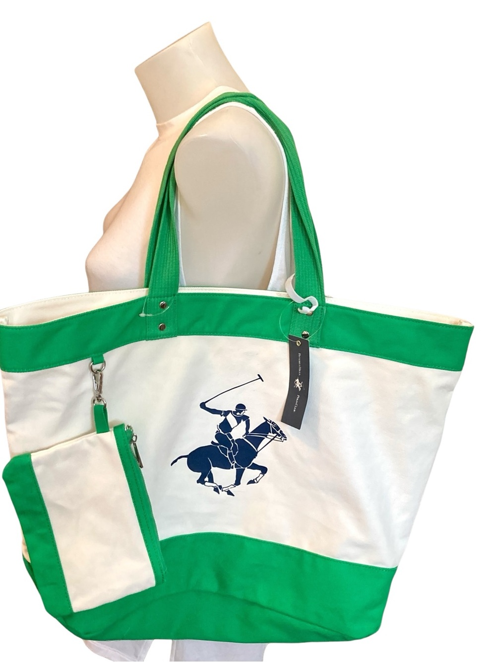Ralph Lauren White & Green Canvas Polo Tote with Pouch